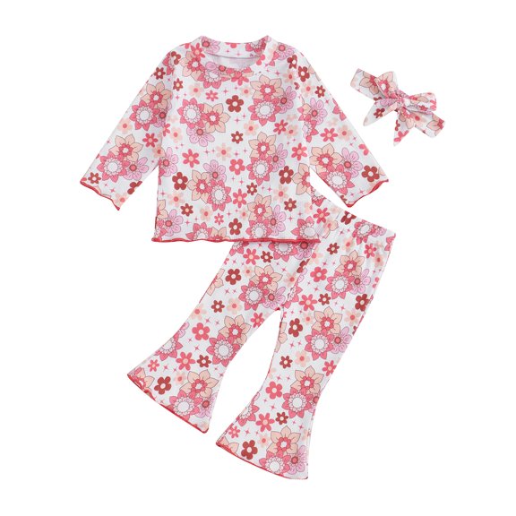 Toddler Kids Girl Fall Outfits 12 18 24 Months 2T 3T 4T 5T Flower Print Crew Neck Long Sleeve Tops Flare Pants Headband 3Pcs Clothes Set
