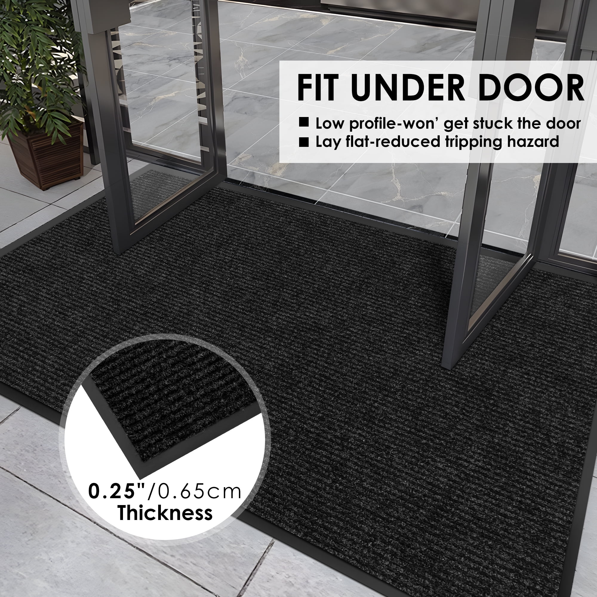 Morefany Front Doormat Indoor Outdoor Entrance Door Mat Heavy Duty Dirt Trapper Welcome Mat Non Slip Rubber Backing Rug Black Striped 2'x8'
