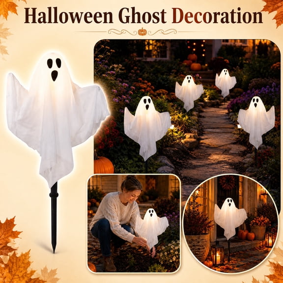 Clearance!3 Pack Solar Halloween Pathway Stake Lights, Outdoor Waterproof Connected Ghost Decor, Lighting Modes Auto Outside Walkway Lights for Halloween Pathway, Yard, Lawn, Patio Decor