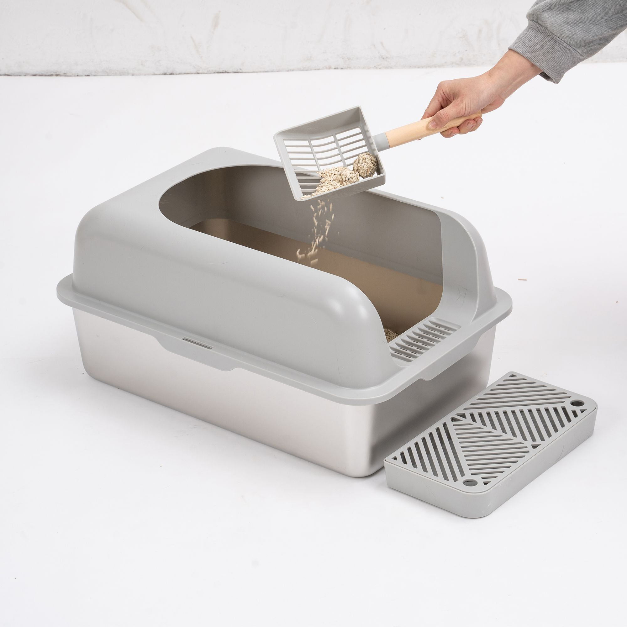 resenkos 24" Large Stainless Steel Cat Litter Box with Handy Litter Scoop, Litter Box for Indoor, Cat Toilet for Small Cats, Gray