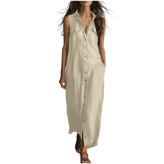 Wovilon Women's Sleeveless Collared Button-Down Maxi Shirt Dress with Chest Pockets and Side Slits, Relaxed Fit Cotton Linen Blend Summer Vacation Casual Wear