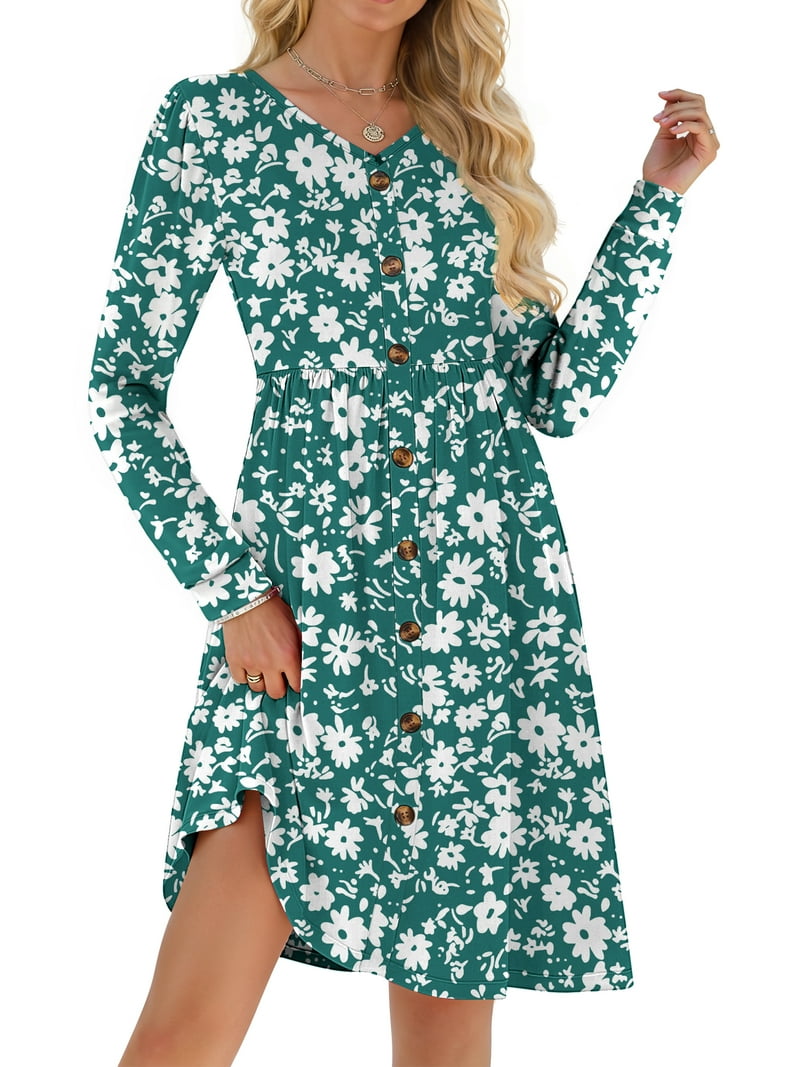 casual fall midi dresses for women Fantaslook Long Sleeve Dresses for Women V Neck Casual Fall Dress Button Floral Midi Dresses with Pockets, Women's, Size: Medium, Green