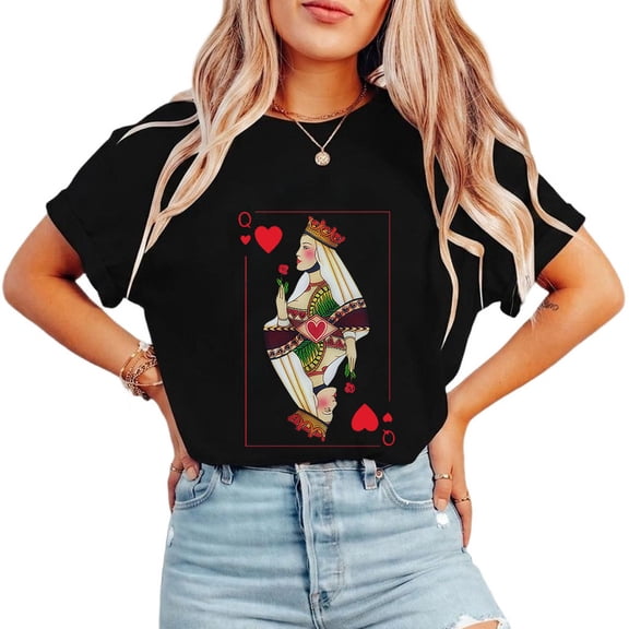 Vintage Queen of Hearts Graphic Tees for Women Playing Cards Print T-shirts Short Sleeve Casual Tops for Daily Outfits Black,S