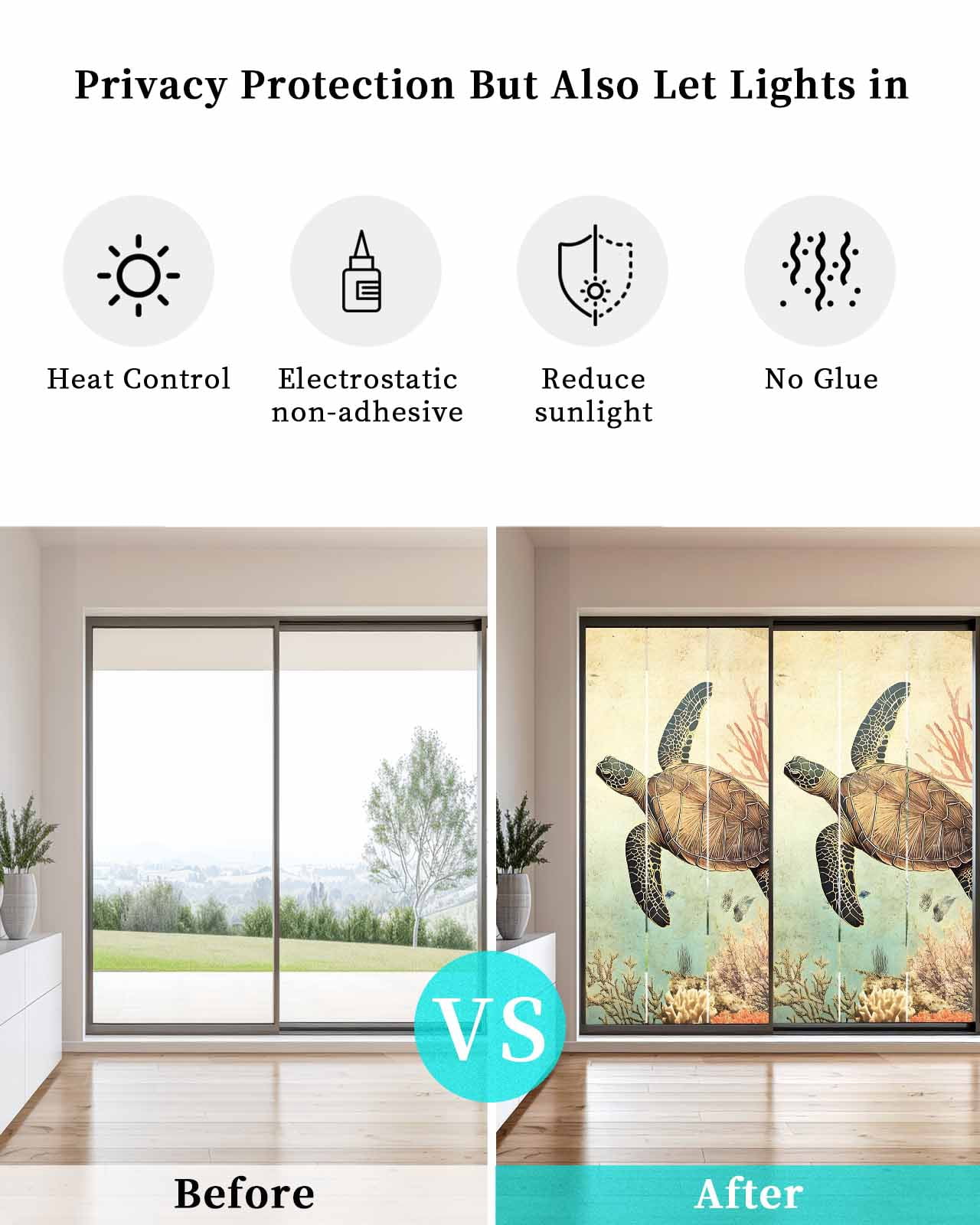 Window Privacy Film Retro Turtle Stained Glass Window Film Decorative Sun Block Window Cover Ocean Coral Reef Coastal Underwater Sea Window Clings Static Adhesive Sticker for Bathroom 23.6"x59"