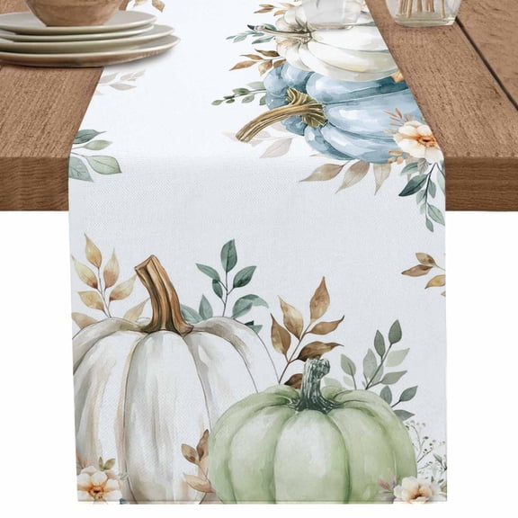 nqOlkjepod Blue Pumpkin Fall Table Runner 70 Inches Long Farmhouse Dress Scarves, Green Thanksgiving Leaves Floral Dining Tablerunner for Coffee Table/Kitchen Island/Party Décor, 13" x 70"