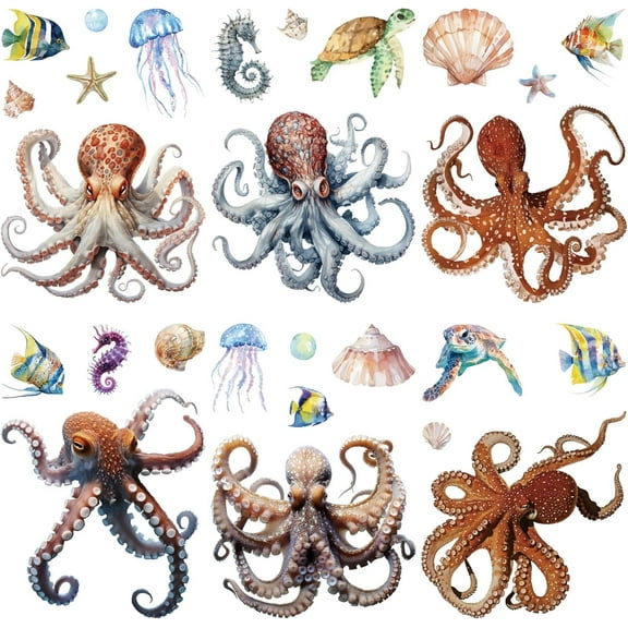 8 Sheets Octopus Wall Stickers Sea Animals Turtle Jellyfish Seahorse Window Clings Wall Decals Stickers Peel and Stick PVC Waterproof Adhesive Decor