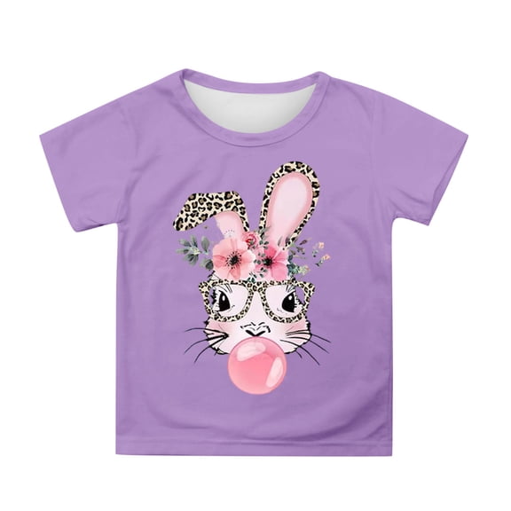 Valora Little Kid Easter Print Girls Casual Short Sleeve T-Shirt Loose Fit Round Neck Tennis Tee For Toddlers Kids Playwear Purple 5-6 Years