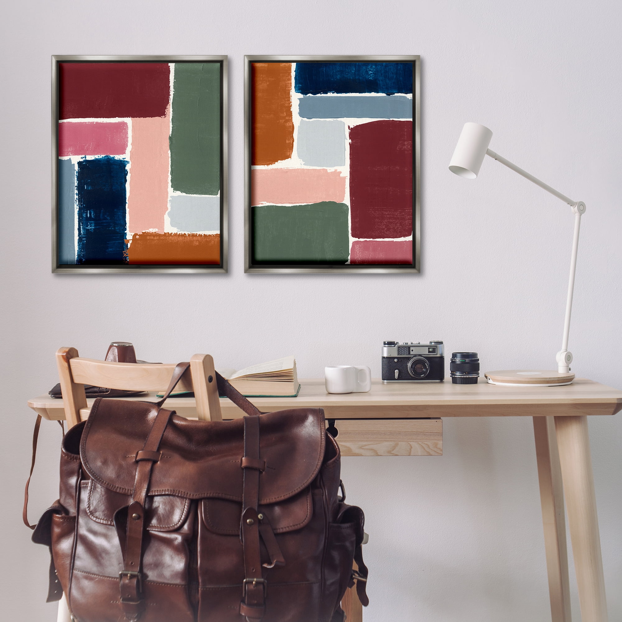 Stupell Industries Abstract Modular Color Block Abstract Painting Gray Floater Framed Canvas Art Print Wall Art, 31 x 25, Set of 2