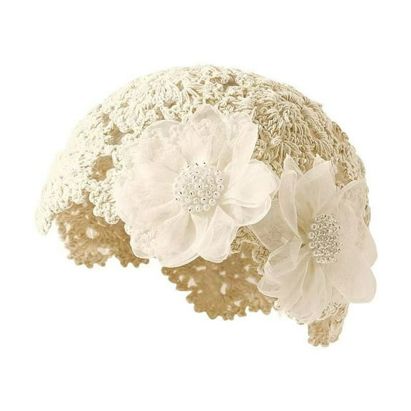 Crochet Knit Lace Flower Beanie Cap Lightweight Hollow Out Hat for Women