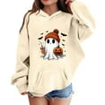 thumbnail image 2 of Halloween Spooky Season Hoodie,Cute Ghost Graphic Sweatshirts Funny Pumpkin Face Tops Long Sleeve Hoodie 2024 For Girls 01-Beige 110, 2 of 3