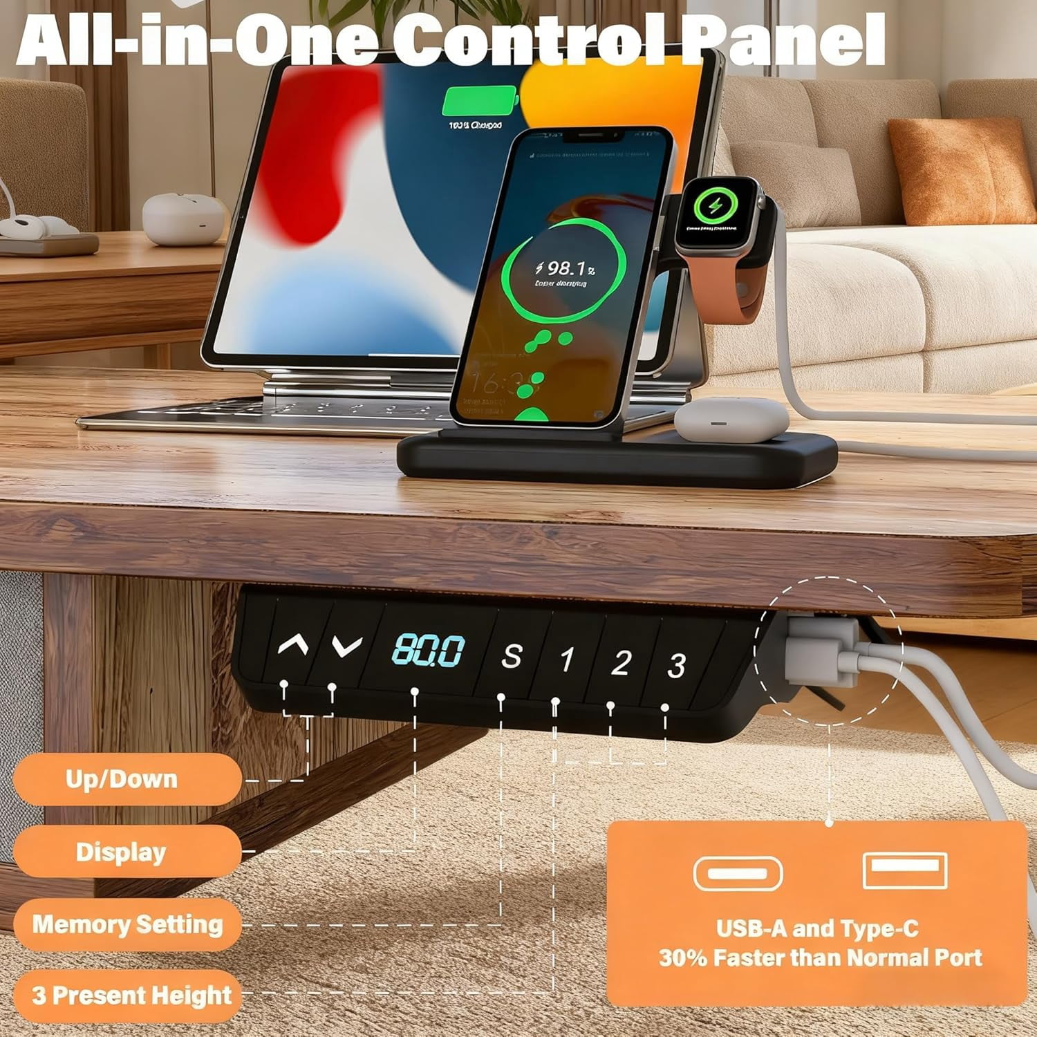 Standing Desk with Fast Charging USB Ports, 48" x 30" Width Worktop Desk, 4 Drawers Ergonomic Sit Stand Desk for Home Office Work, Cable Management, 3 Preset Heights & 2 Hooks(Rustic Brown)