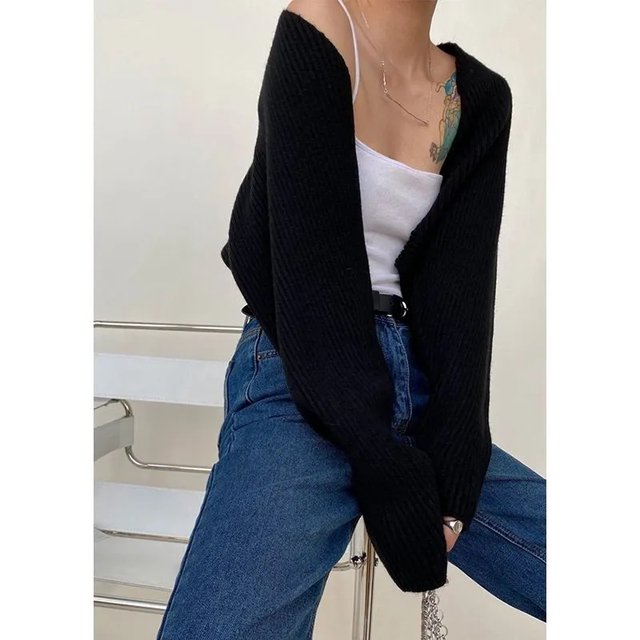 Mode Coréenne Aguichant Châle Tricoté Automne Polyvalent Ample Manches Longues Mode Urbaine Cardigan Haut Élégant Simple Simple Manteau Chandail