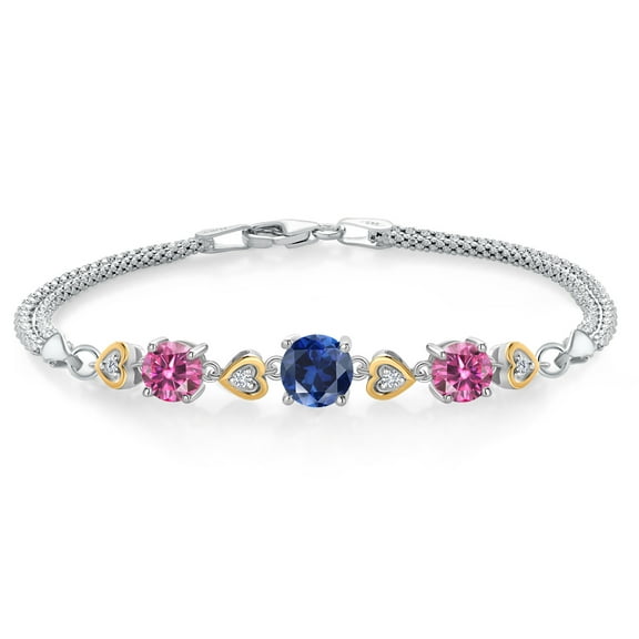 925 Sterling Silver and 10k Yellow Gold Blue Created Sapphire Pink Moissanite and White Lab Grown Diamond Bracelet for Women (3.28 Cttw, Round 7MM and 6MM, 6.5/7/7.5 inch, Made in Italy)