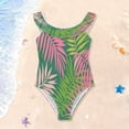 thumbnail image 3 of Girls Ruffled One Piece Swimsuit Summer Beach Vacation Swimwear Tank Swimsuit Pink Palm Leaves, 3 of 8