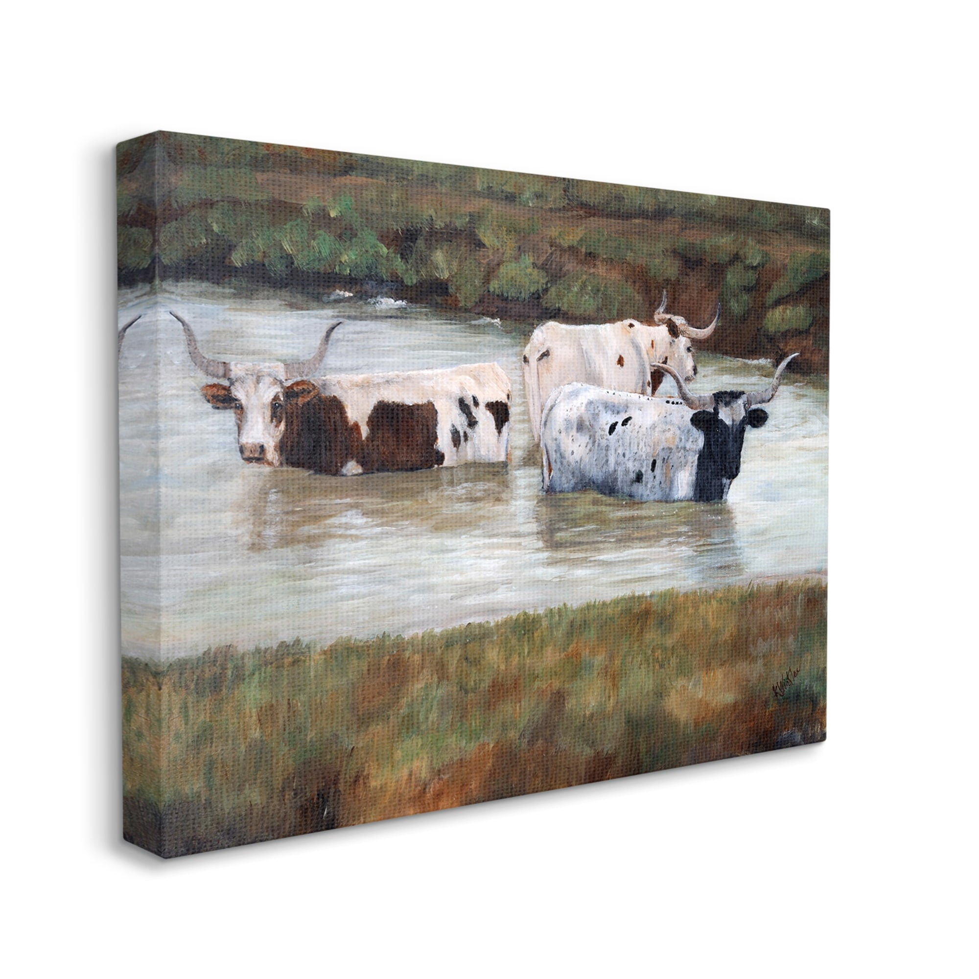 Stupell Longhorn Cattle Bathing Rural Pond Animals & Insects Painting Gallery Wrapped Canvas Print Wall Art