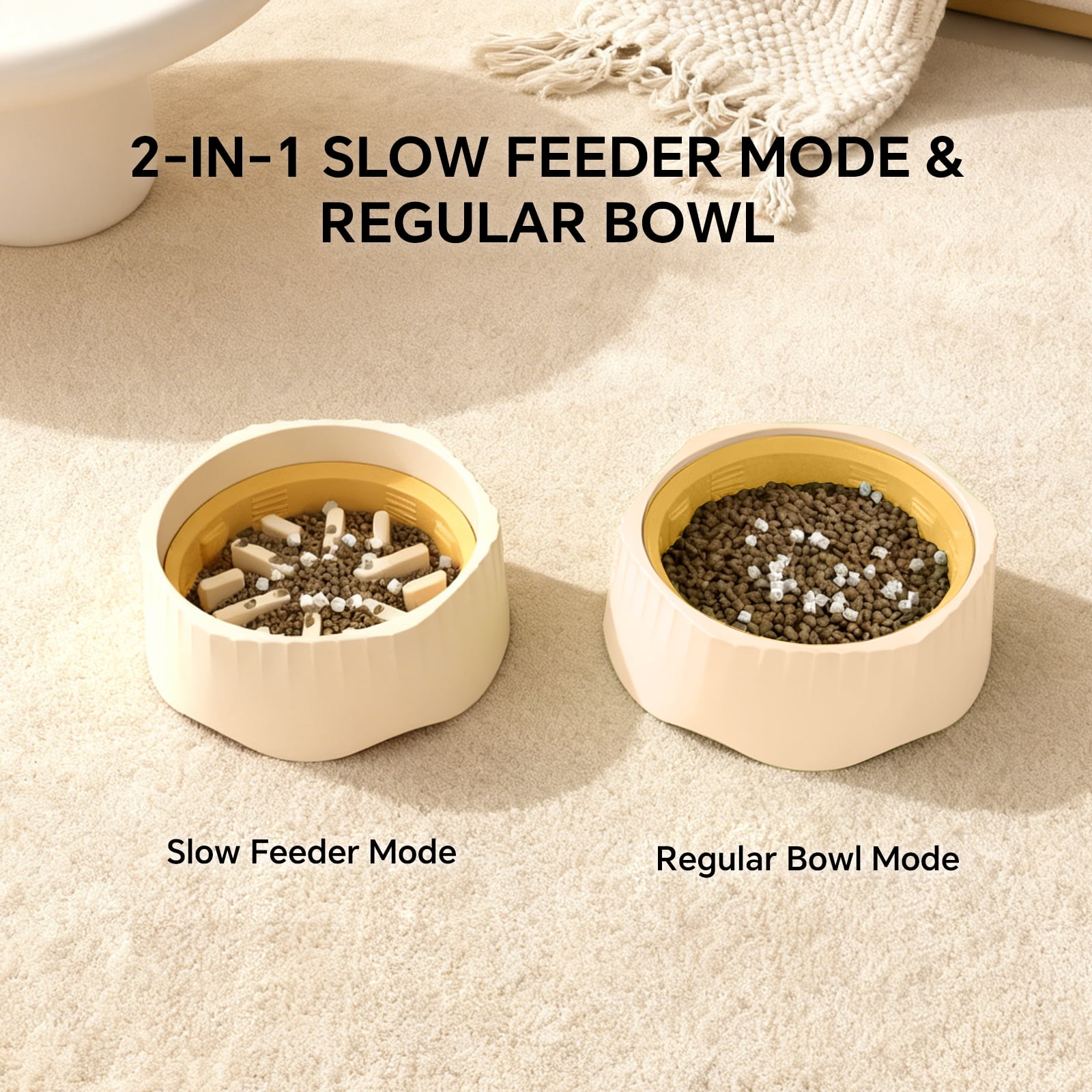 Pet Slow Feeding Bowl, Anti-Choking Bowl Switchable Anti-Slip Anti-Spill Dish for Dogs and Cats, White