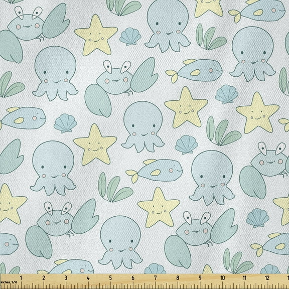 Ambesonne Starfish Fabric by the Yard Microfiber, Octopus Crab and Fish, 5 Yards, Pale Green Pale Blue