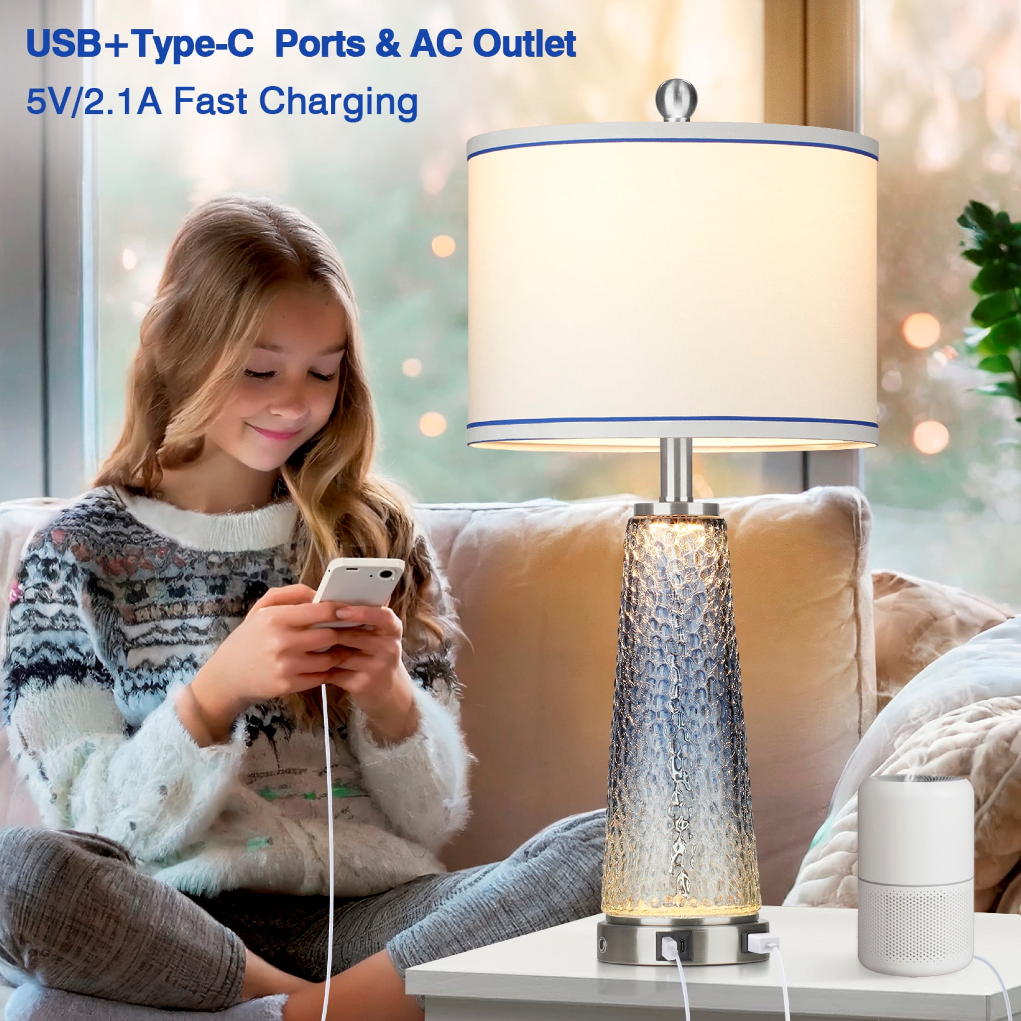 Cinkeda Glass Table Lamp Set of 2 with Nightlight USB A+C Ports AC Outlet Modern Gradient Blue Nightstand Bedside Lamps for Bedroom Living Room