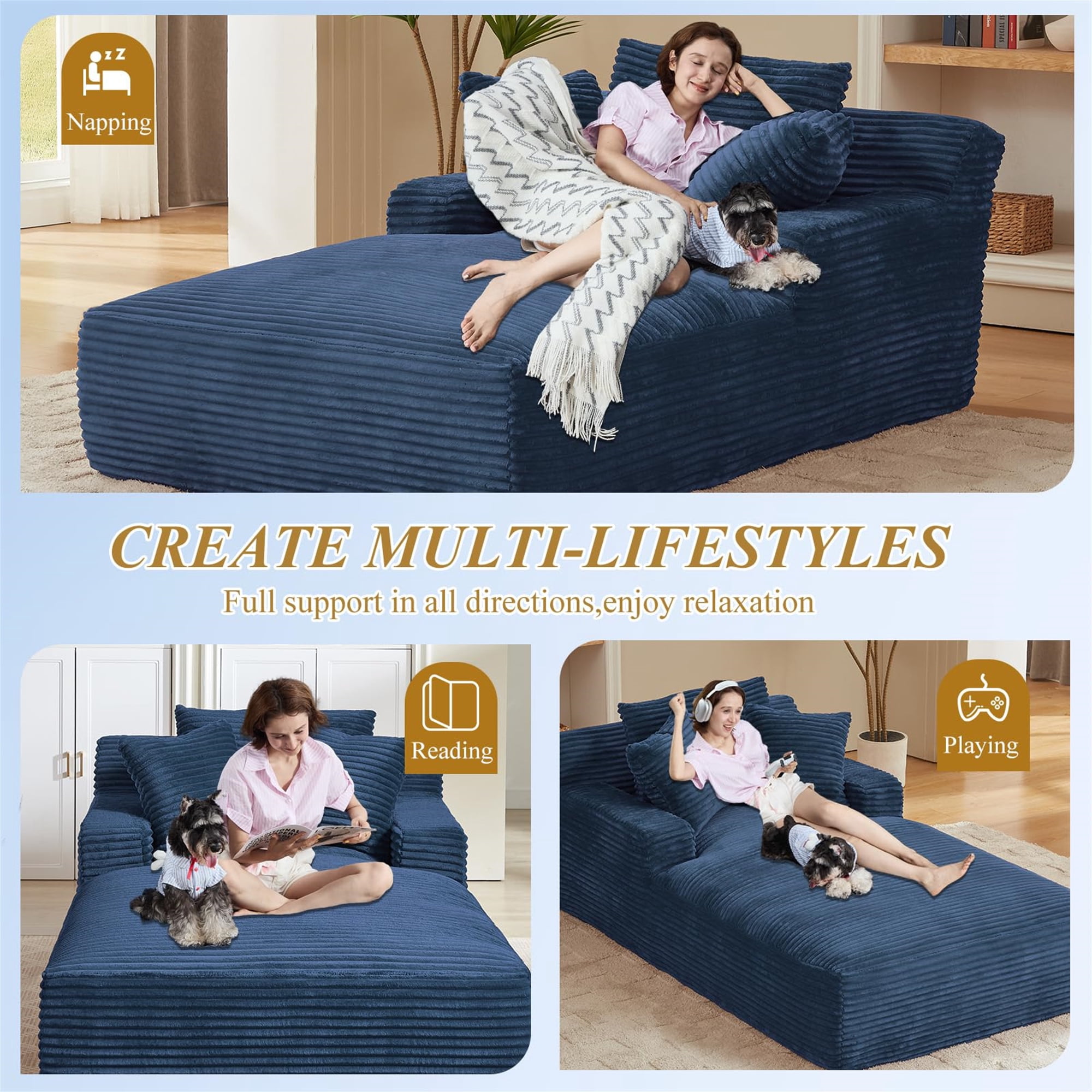 Aukfa Chaise Lounge Oversized Indoor Chair Boneless Couch for Living Room, 3Pillows, Blue