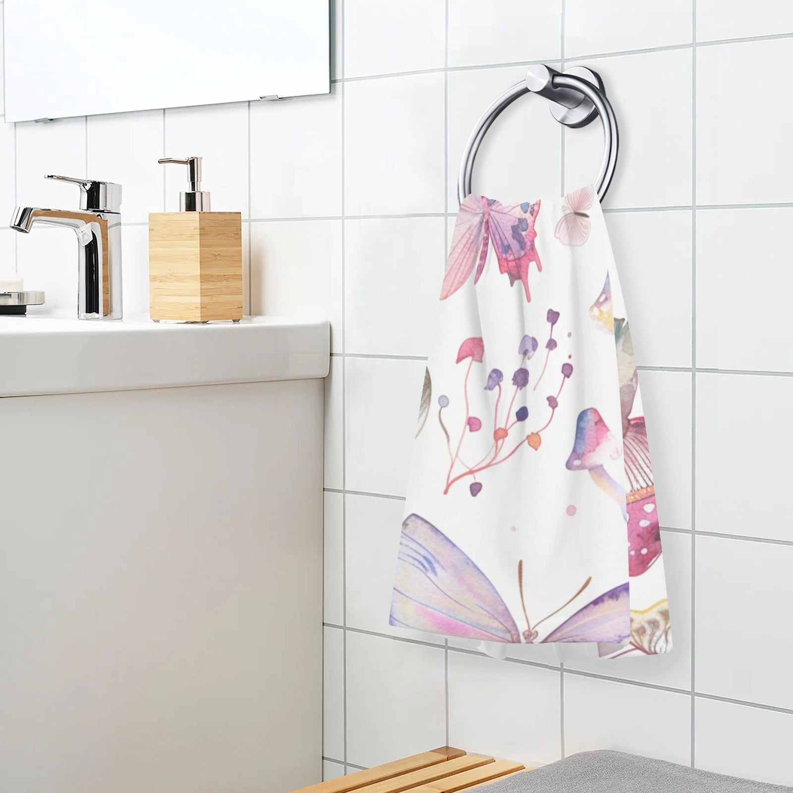 Watercolor Butterflies Mushrooms Hand Towels Cotton Bath Towels Large Face Towels Absorbent for Bathroom 2 Packs