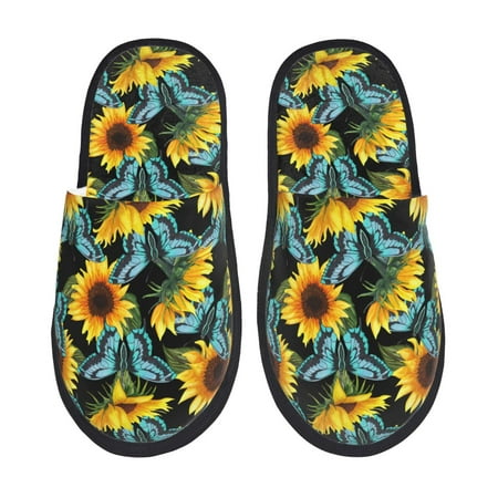 Balery Blue Batterflies Sunflower Slient Indoor Furry Fleece Comfort House Shoes Soft Non-Slip Home Shoes Cotton slippers House Slippers-- Medium