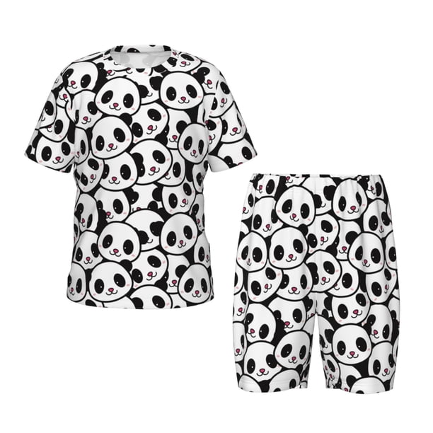 Balery Cute Panda Conjunto de Pijama Infantil de Manga Corta con Estampado – Ropa de Dormir de Algodón Suave-Large