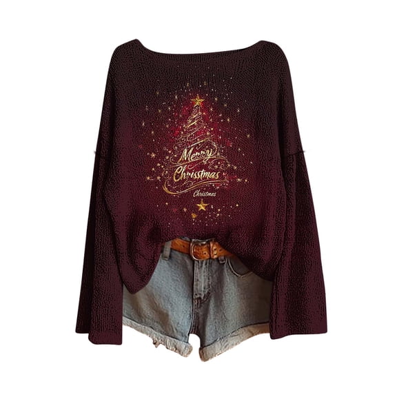 Lcziwo Christmas Sweaters for Women Boho Oversized Graphic Print Sweater Casual Fashion Long Sleeve Tops Boat Neck Western Ethnic Knitted Pullover Red,XL