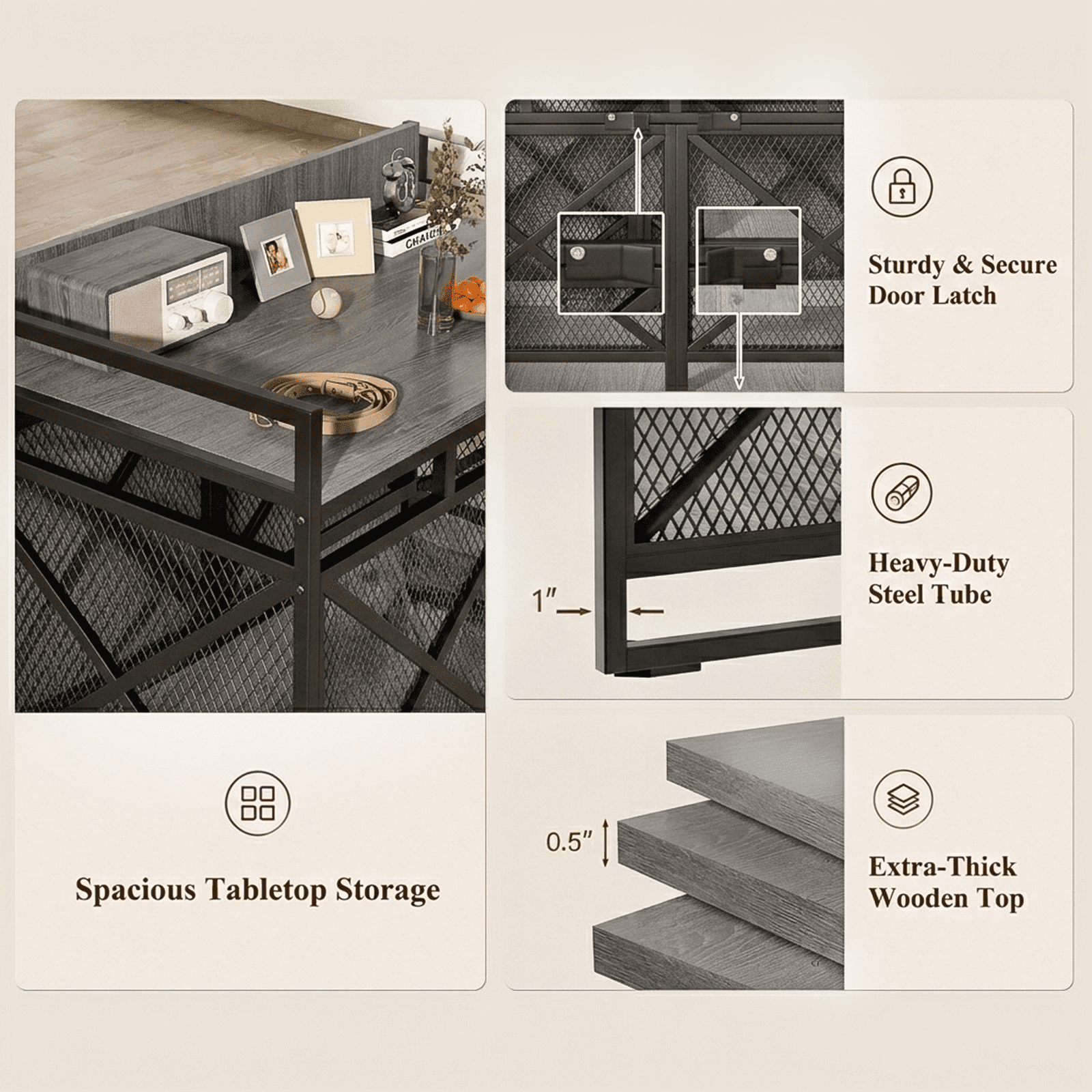 Fowroa 48" Dog Crate with Wheels Dog Crate Furniture for Large Dogs up to 90 lbs, Waterproof Top, Gray