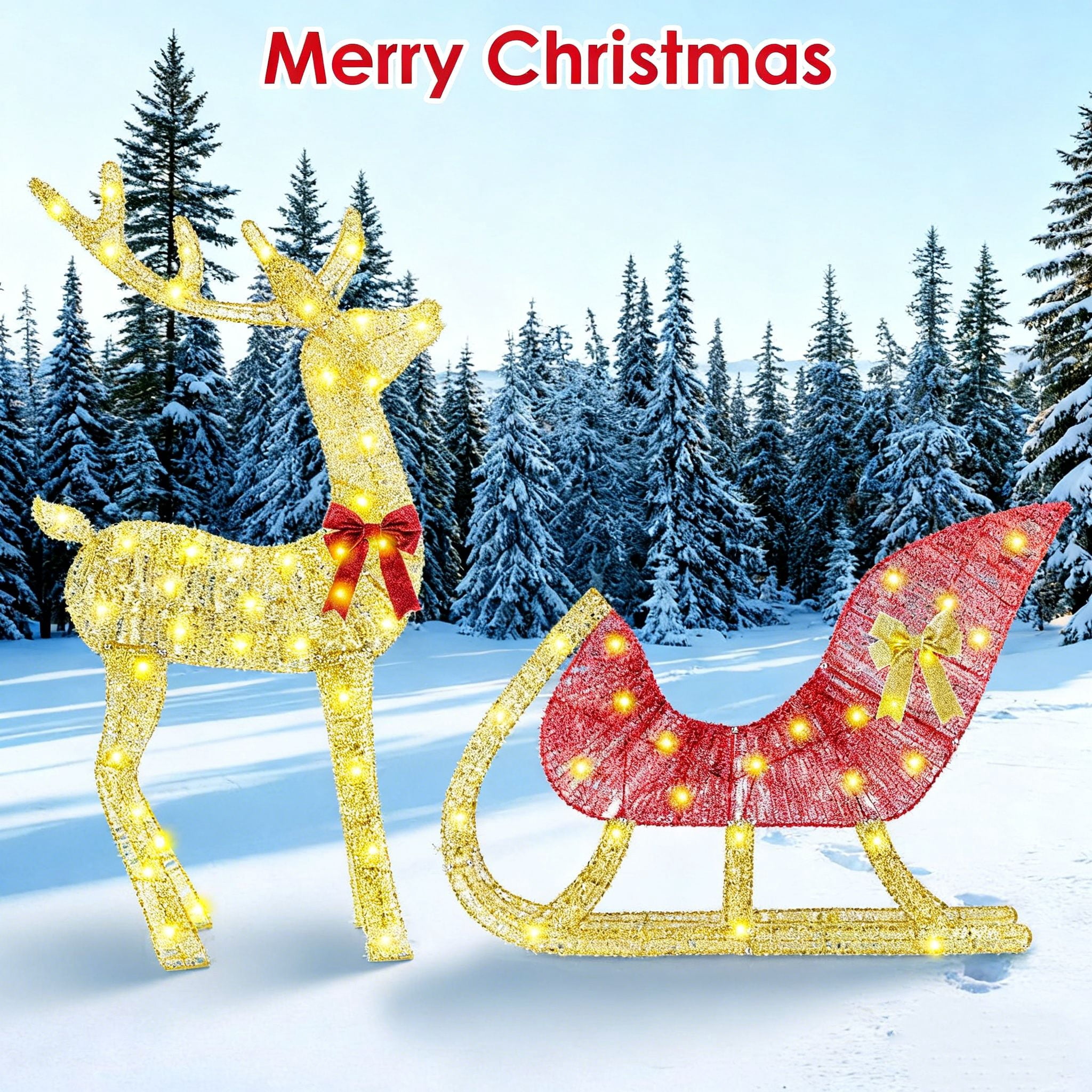 Christmas Reindeer & Sleigh Outdoor Decoration with Lights, 16.97ft LED String (Warm Yellow) 8 Modes, Sturdy Rustproof Iron Frame, Reusable Indoor Outdoor Decor for Yard Patio Party Office