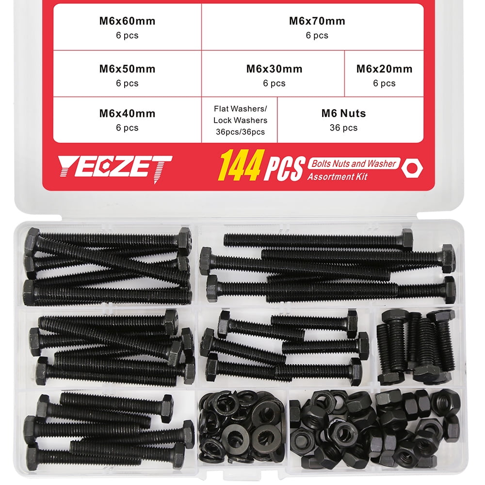 YEEZET 36 Set M6 Black Hex Head Screws Bolts and Nuts Flat & Lock