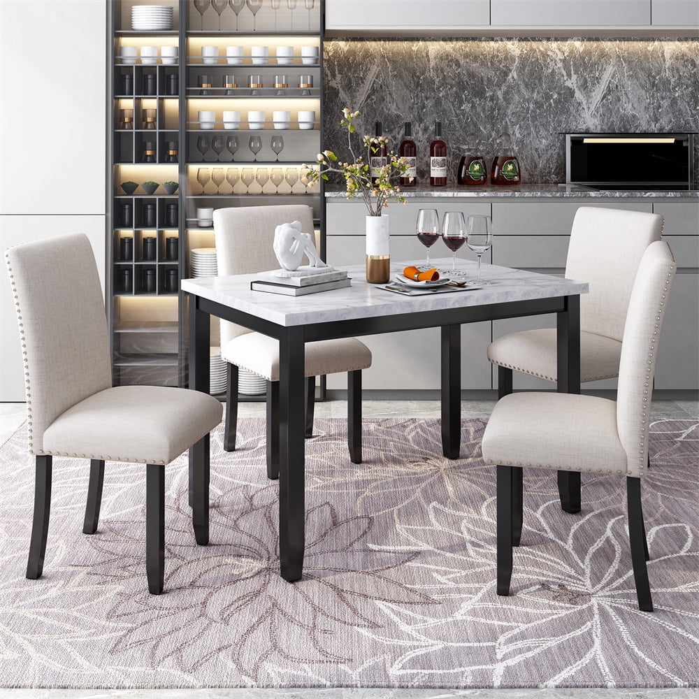 Dining Table Set for 4, Faux Marble Kitchen Table with 4 Thicken