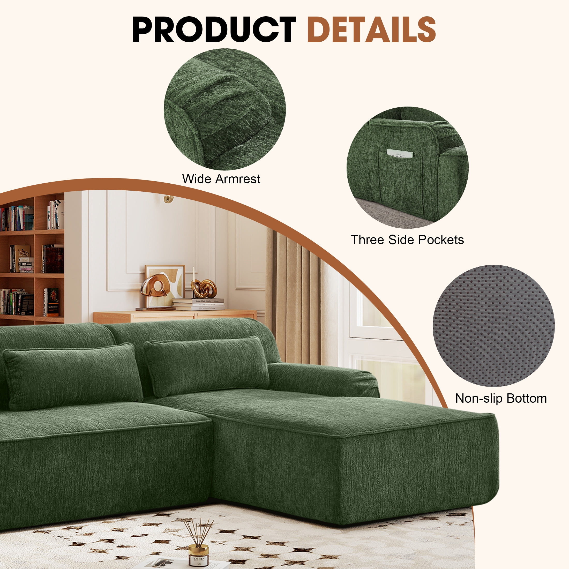 Aukfa 102.4" Chenille Modular Sectional Sofa with Right-Facing Chaise, Deep Seat Couch, No Assembly Required, Green
