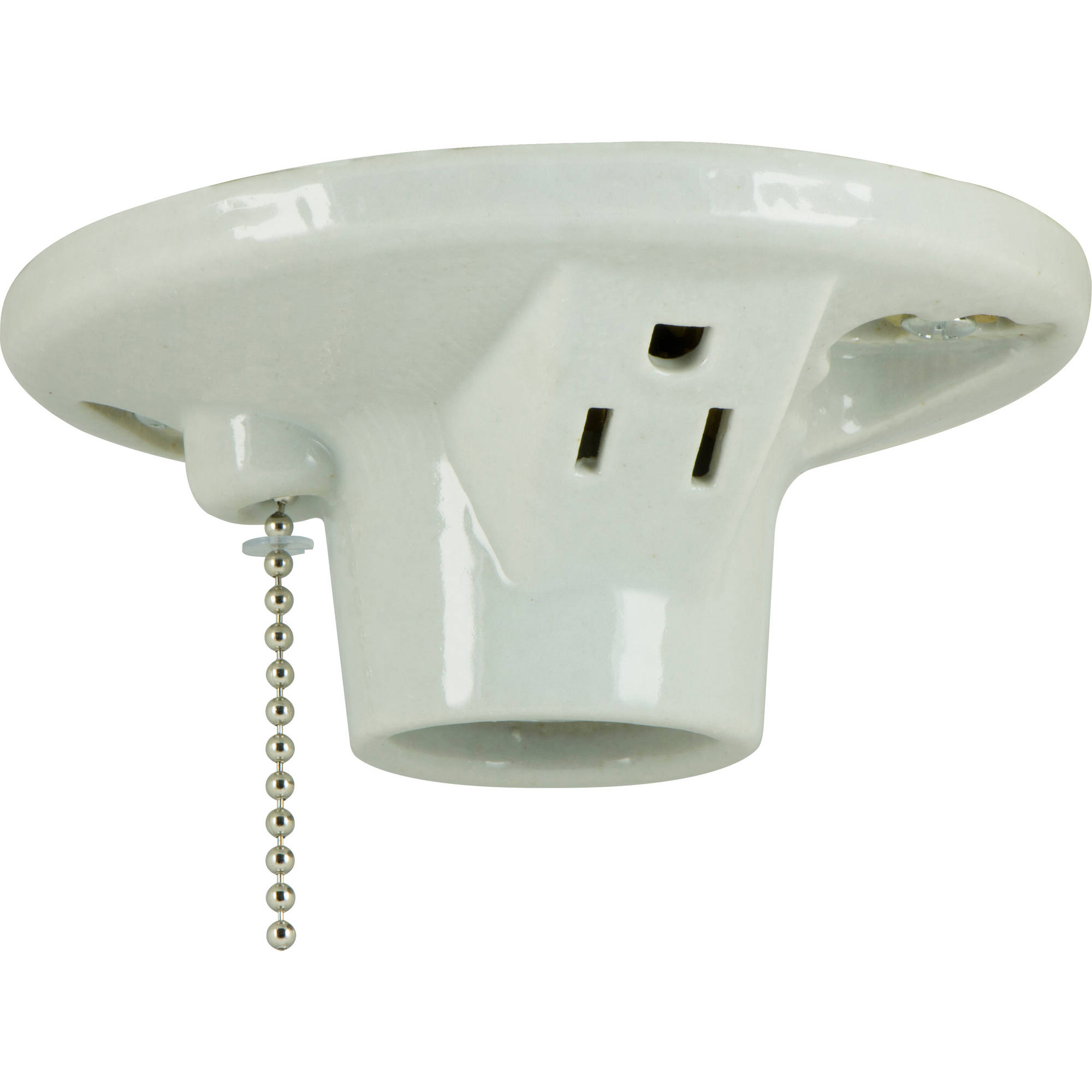 Porcelain Lamp Holder, With Pull Chain and Grounded Outlet, White
