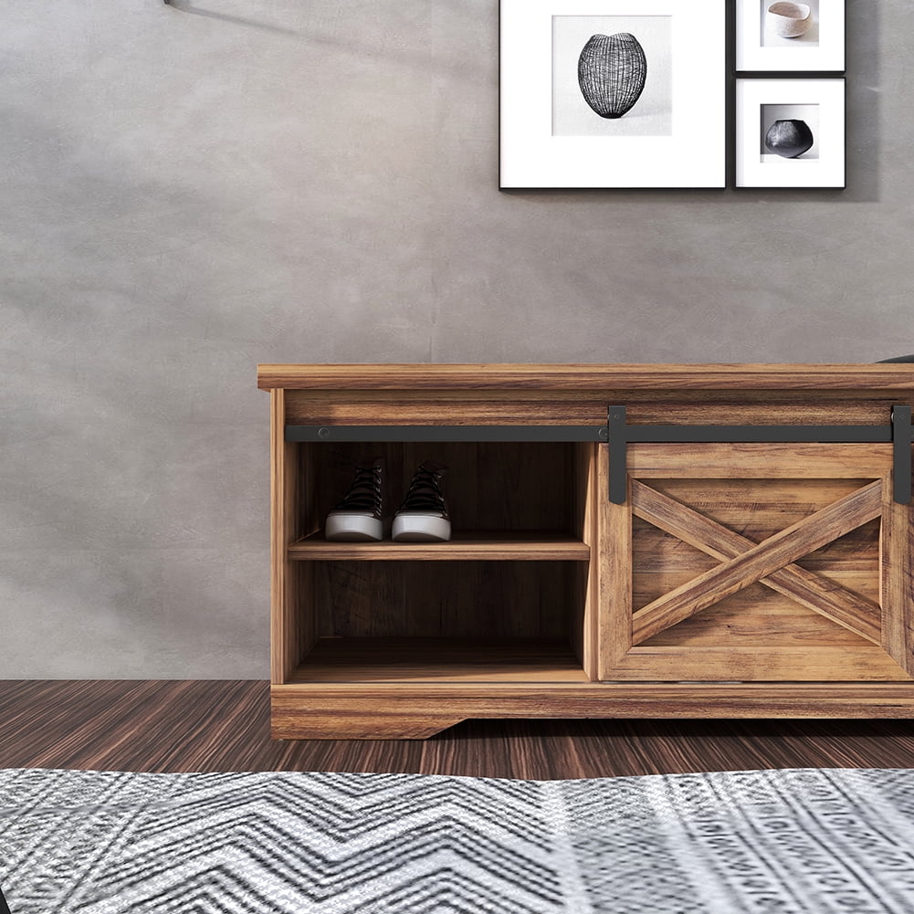 Kadyn 47 Inch Storage Bench, Modern Farmhouse Sliding X Barn Door Litterbox Bench with Entry Cutout and Adjustable Shelves, Shoe Bench for Entryway, Brown Kadyn 47 Inch Storage Bench, Modern Farmhouse Sliding X Barn Door Litterbox Bench with Entry Cutout and Adjustable Shelves, Shoe Bench for Entryway, Brown
