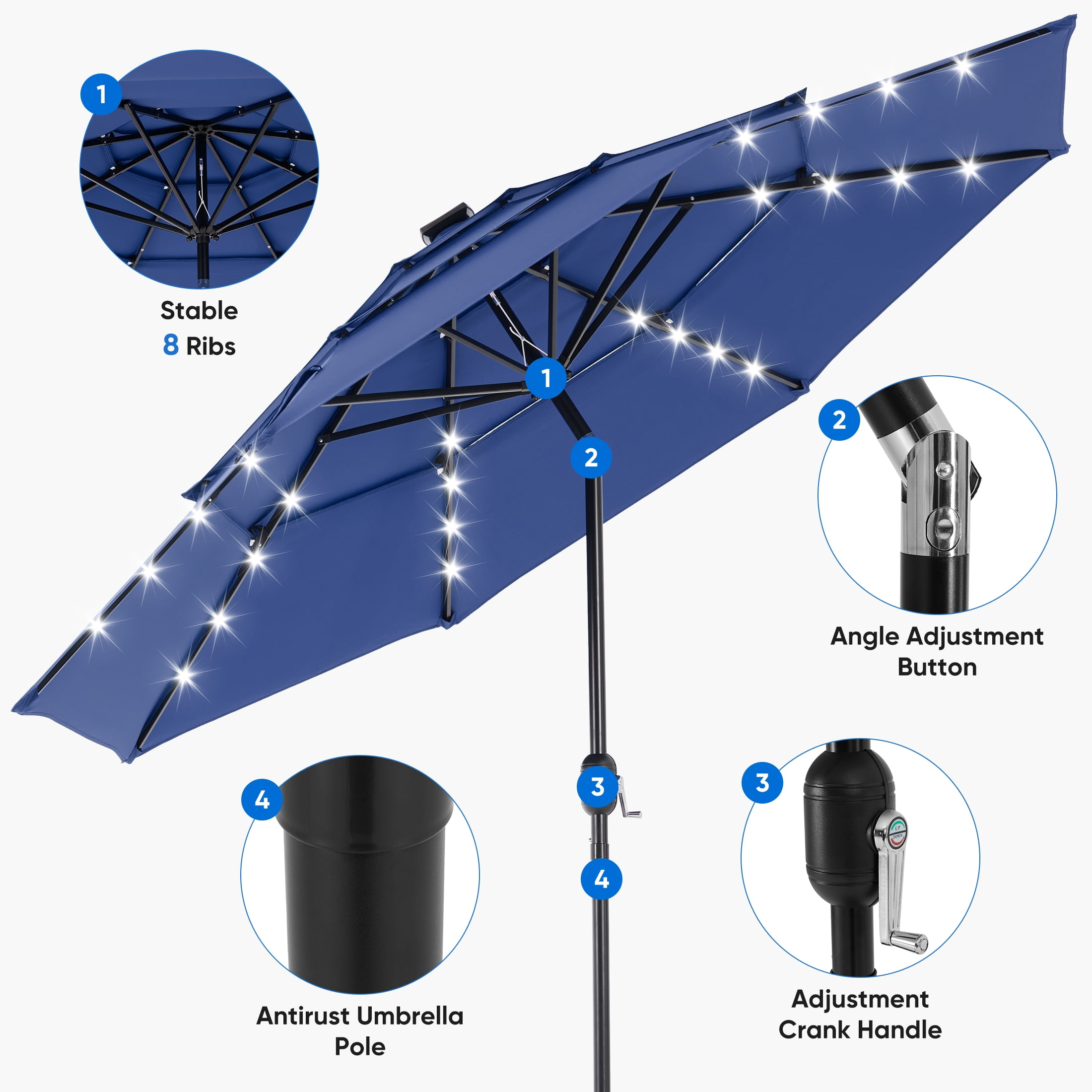 edx 10ft 3-Tier Solar LED Patio Umbrella with Tilt Adjustment and UV-Resistant Polyester Fabric, Outdoor Market Umbrella, Navy Blue