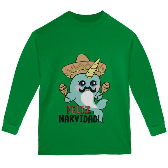 Christmas Narwhal Feliz Narvidad Navidad Youth Long Sleeve T Shirt Green YXL
