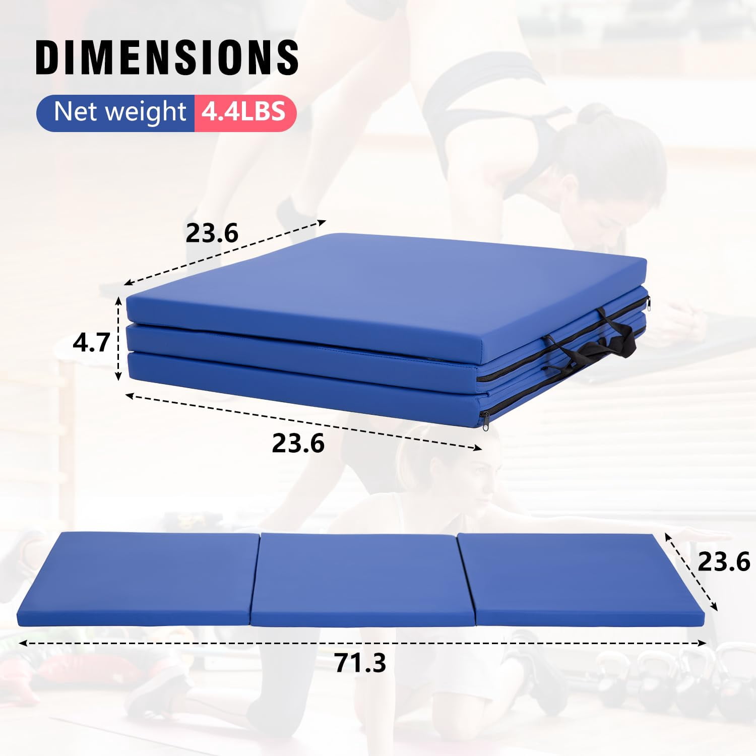 NiamVelo 6'x2'x1.5" Gymnastics Mat Folding Tumbling Mats 3-Fold Gymnastics Equipment PU Leather Exercise Mat Yoga Mat with Carrying Handles for Home Workout Outdoor, Blue