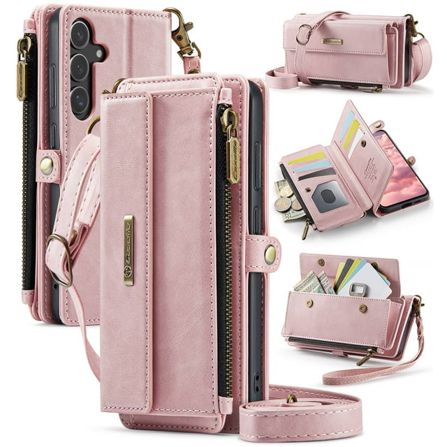 Funda Billetera para Samsung Galaxy S25 Plus, Funda de Cuero PU con Bloqueo RFID Para Mujer y Hombre, Funda abatible con Soporte, Correa para la Muñeca, Cremallera, Ranura para Tarjetero de Crédito
