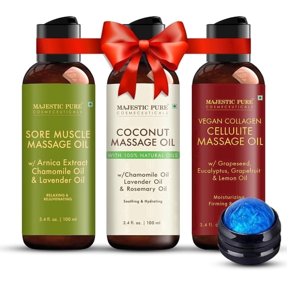 Majestic Pure Massage Oil Set for Massage Therapy – Relaxing & Refreshing Natural Oils – Hydrating Body Massage Lotion for Men & Women – For All Skin Types – 3.4 Fl Oz (Pack of 3)