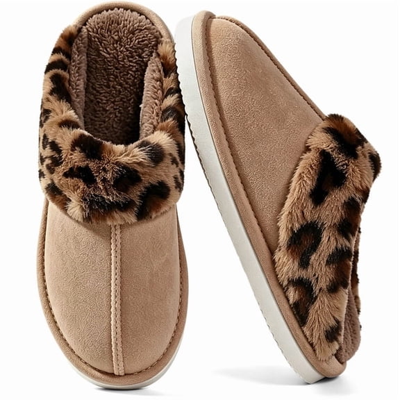 Knivor Fuzzy Slippers for Women Scuff Slippers Leopard Faux Fur Cuff Faux Suede Slip‑On House Slippers Plush Lined Warm Non‑Slip Indoor Outdoor Bedroom