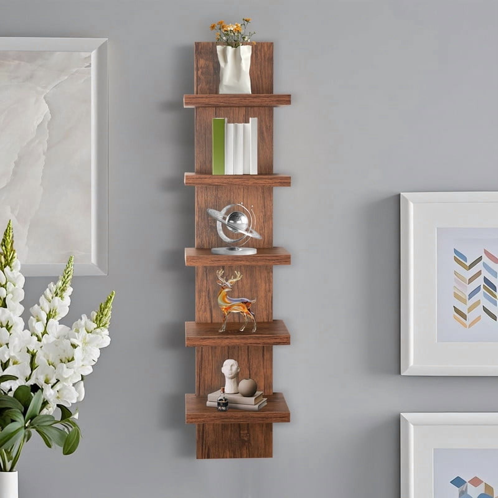 5 Tier Wall Shelf Unit, Brown Wall Shelf, Multifunctional Display Floating Shelf, Bedroom and Home Decor Organizer