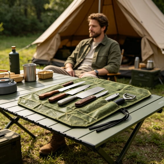 Canvas Knife Roll Bag,Portable Chef Knife Carrier Pouch Multi‑Slot Utensil Storage Roll For Camping Picnic Bbq Home Kitchen(Green-22.05")