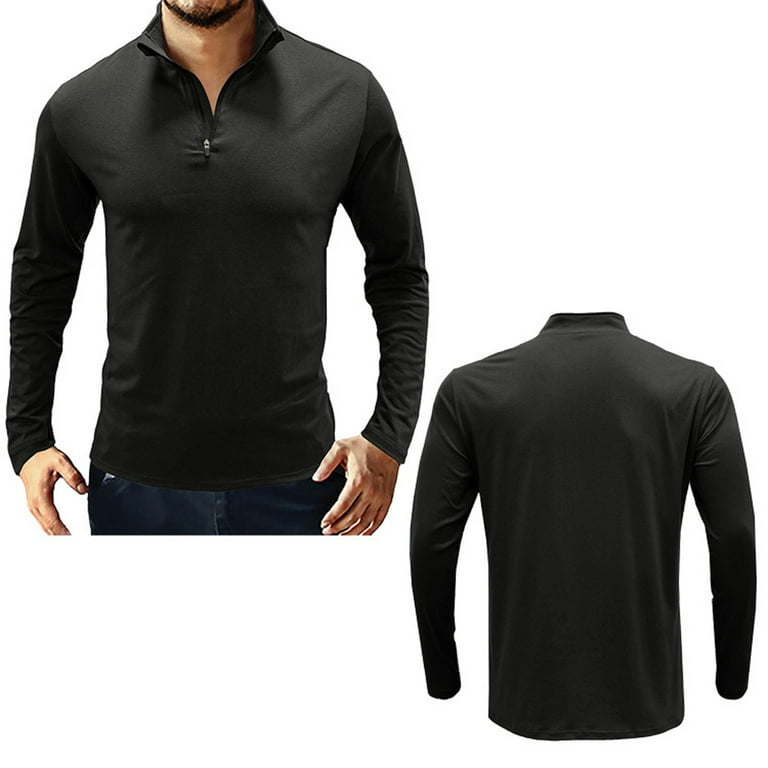 Men's Stand Collar V-neck Zipper Pullover T-Shirt Long Sleeve