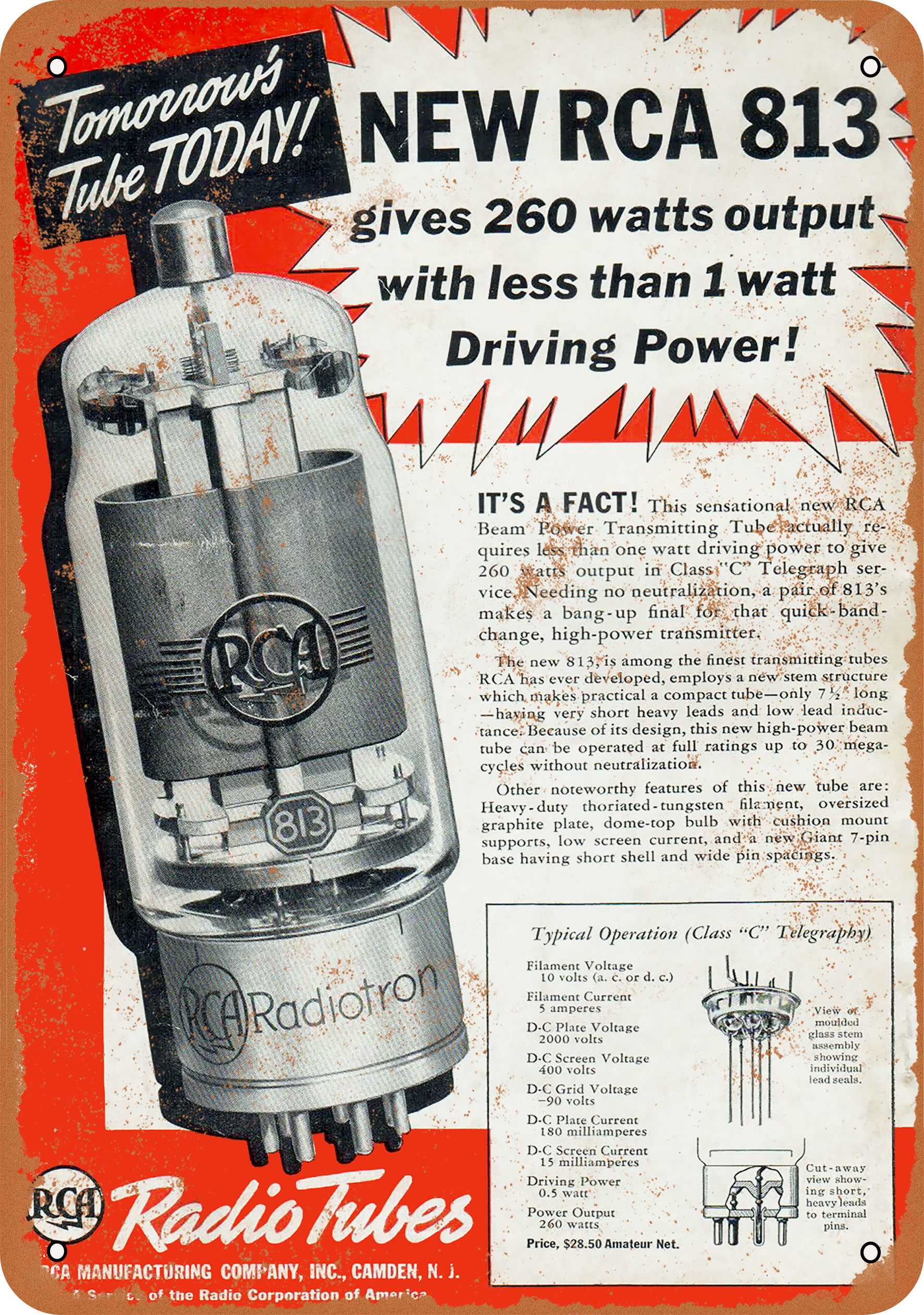 1938 RCA Radio Tubes Metal Sign - 7x10 inch - Vintage Look - Walmart