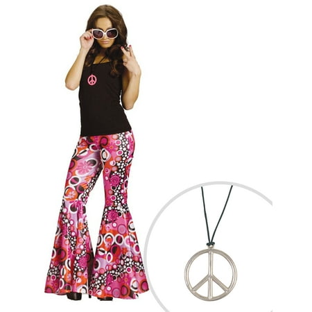 Flower Child Costume Kit Adult M/L Bell Bottoms With Peace Pendant
