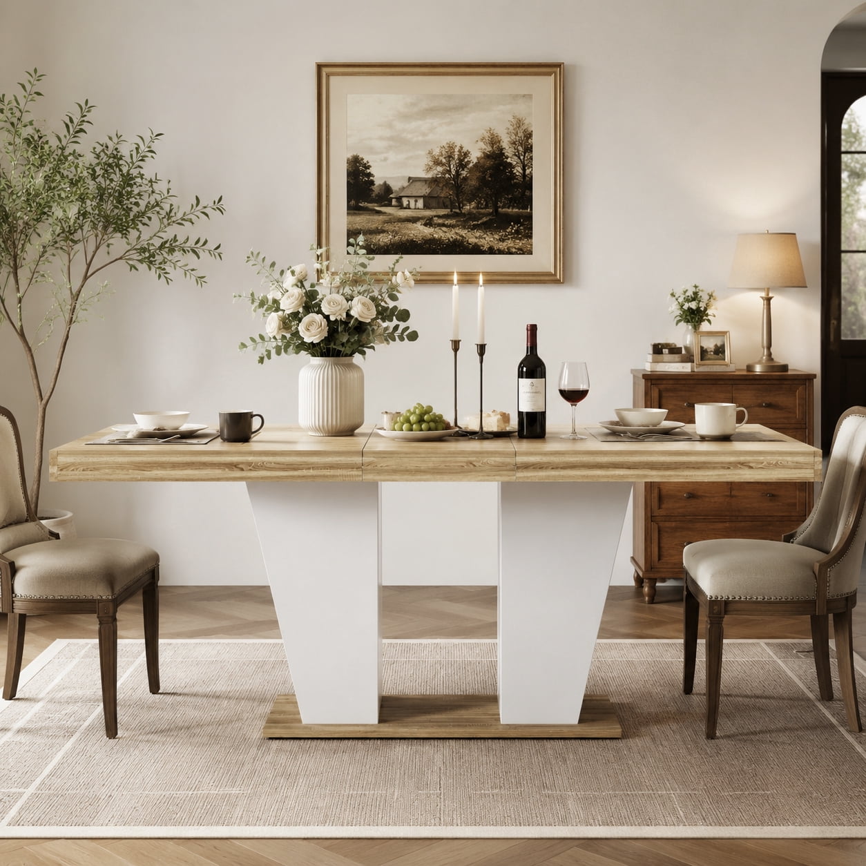 78.7" Rustic-Style Extendable Dining Table, Seats 8–10 People, Dining Table With Storage Shelves On Both Sides, Mid-Century Modern-Style Extendable Wooden Kitchen Table, Natural+White