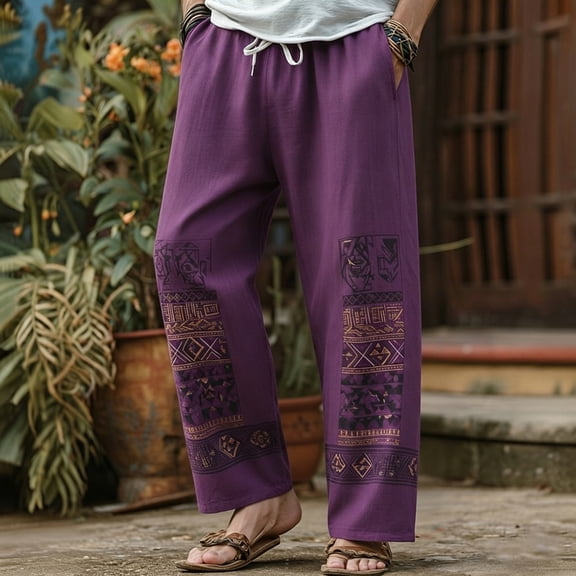 SGFCWSX Mens Harem Pants Elastic Waist Drawstring Patchwork Loose Boho Hippie Beach Casual Pants Purple Size M