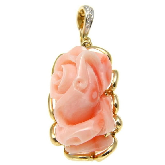 Genuine natural pink coral carved flower diamond pendant enhancer solid 14k gold