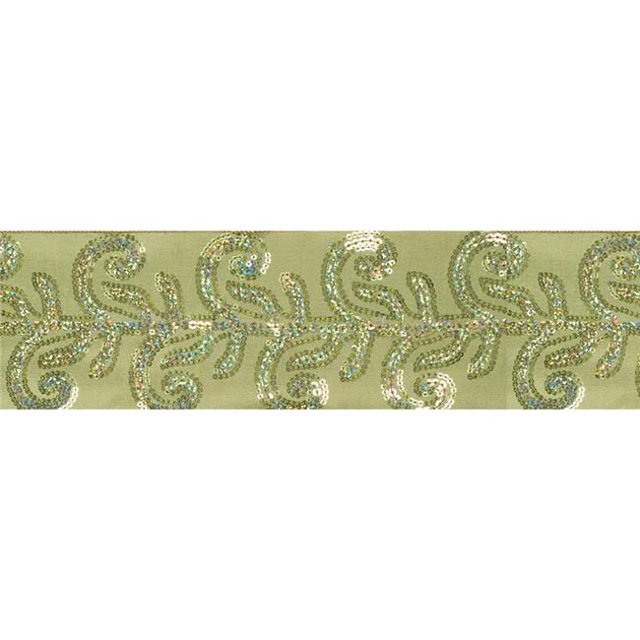 Vickerman Q166750 Apple Green Sequin Leaf Wired Ribbon, 4 in. x 5 yard