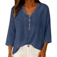 thumbnail image 5 of Womens Short Sleeve Tops Casual V Neck Button 3/4 Sleeve Linen Blouse Loose Fit Solid Color Tops for Summer, 5 of 6